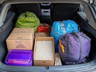 Packed car trunk with camping gear and boxes