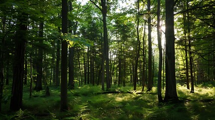 Obraz premium Sunlit Forest Scene Featuring Tall Trees Lush Green Undergrowth and Sunlight