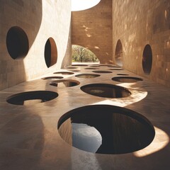 Modern architectural space with circular voids