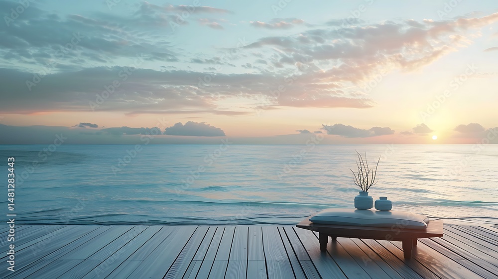 Poster sunset beach scene with table vases and pixelated ocean view