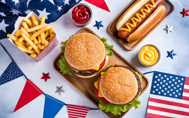 Delicious american cuisine displaying cheeseburgers hotdogs french fries condiments and american flag decorations for independence day celebration