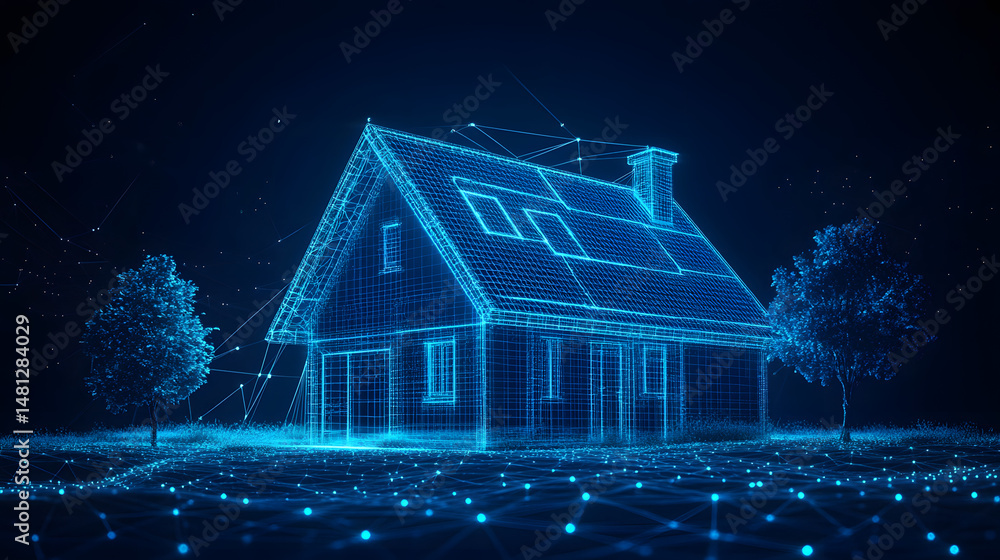 Aufkleber futuristic home concept visualized with glowing blue wireframes on a digital landscape. trees flank 