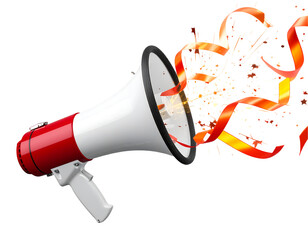 Red And White Megaphone With Orange Sparks And Ribbons