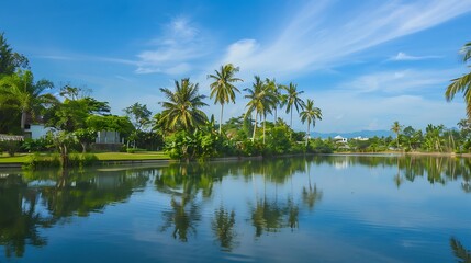 Obraz premium Tranquil Lakeside Landscape Featuring Palm Trees Reflecting In Clear Blue Water