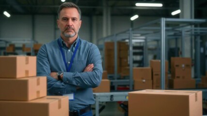 Warehouse manager overseeing operations in a distribution center with stacked boxes in the background