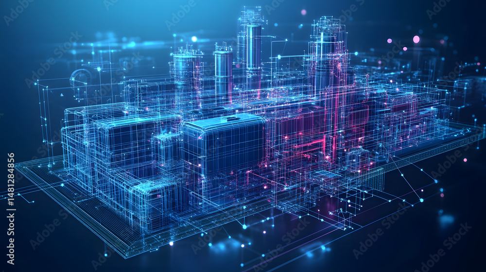 Fototapete futuristic cityscape rendered in wireframe. blue and pink geometric shapes create a high-tech, inter
