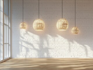Empty, bright room with  natural light and woven pendant lamps