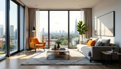 Fototapeta premium Modern condo living room with stylish furniture and large windows, showcasing natural light and city views , furniture, interior