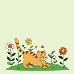 Cartoon Cat Stretching in a Flower Garden