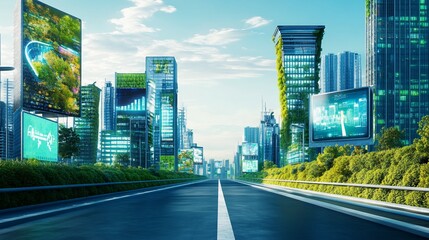Obraz premium Futuristic eco-city street with green buildings and digital displays