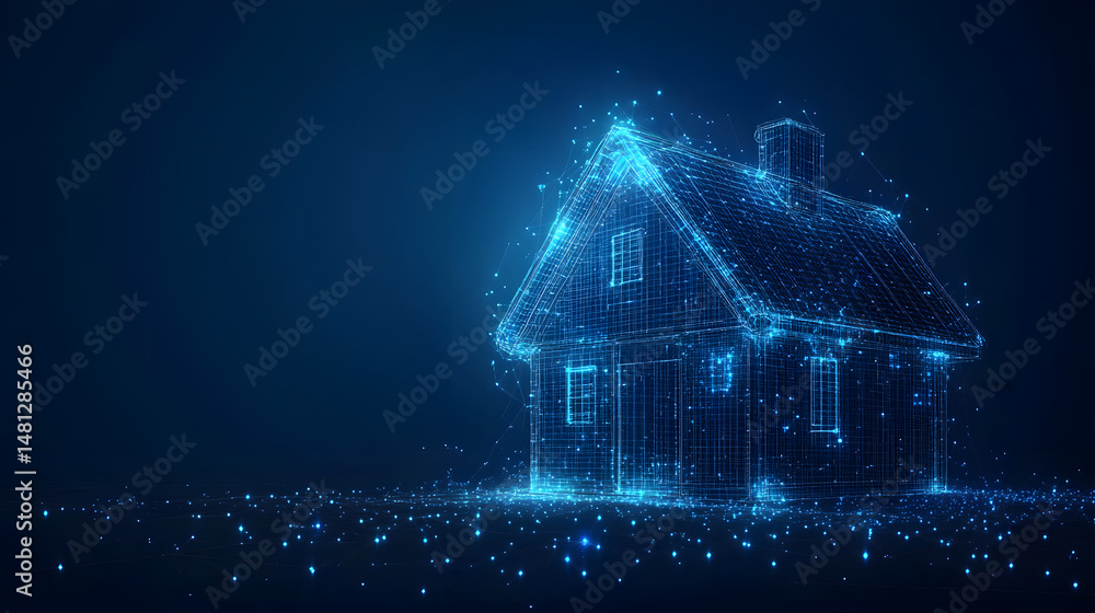 Aufkleber futuristic house blueprint design, rendered in electric blue wireframe against a dark backdrop. perf