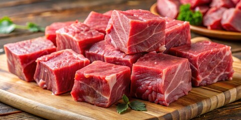 Freshly cut red meat chunk sliced into uniform cubes on a butcher block surface