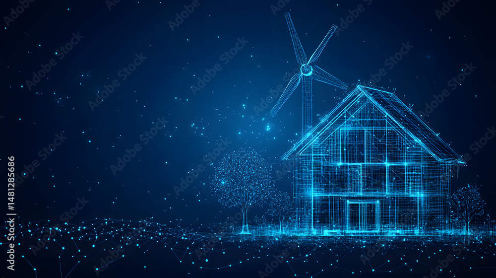 Aufkleber futuristic eco-home concept with wind turbine and trees. high-tech, digital rendering showcasing sus