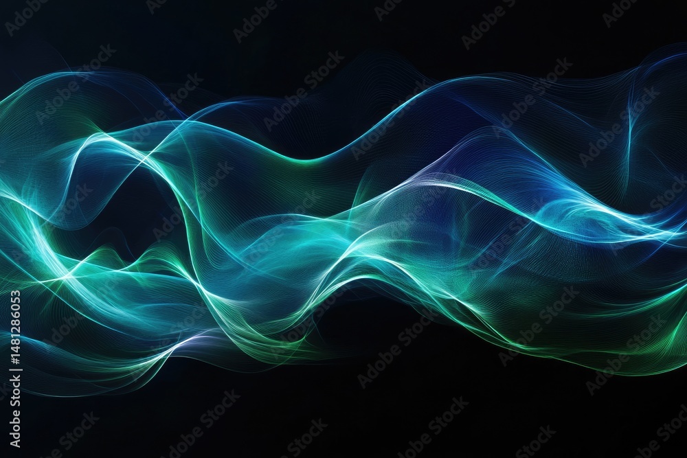 Poster abstract wave patterns in vibrant shades of blue and green flowing gracefully against a dark backgro