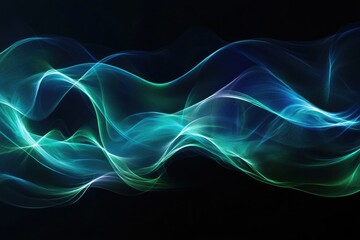 Abstract wave patterns in vibrant shades of blue and green flowing gracefully against a dark background. creating a sense of movement and depth. suitable for digital art or design projects