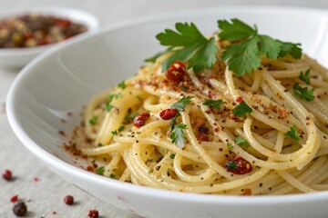 close up of spaghetti aglio e olio with chil - generated by ai