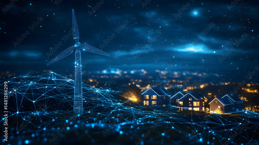Poster futuristic smart city concept featuring interconnected homes powered by a glowing wind turbine. netw