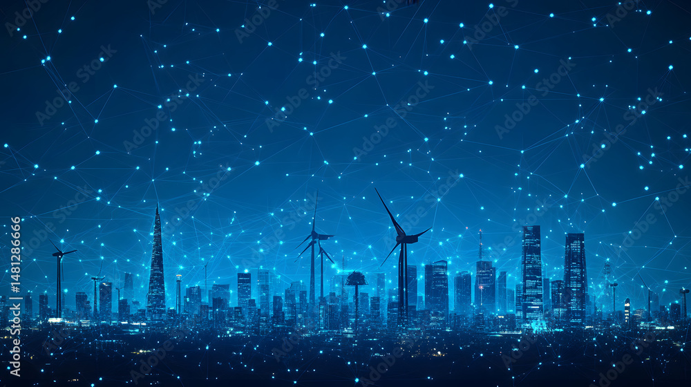 Leinwandbilder futuristic networked cityscape with skyscrapers and wind turbines. glowing blue lines visualize conn