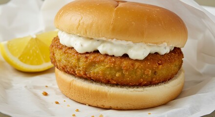 Battered banana blossom "fish" patty with tartar sauce on a soft bun. Fast food wrapper partially opened, lemon wedge on side.