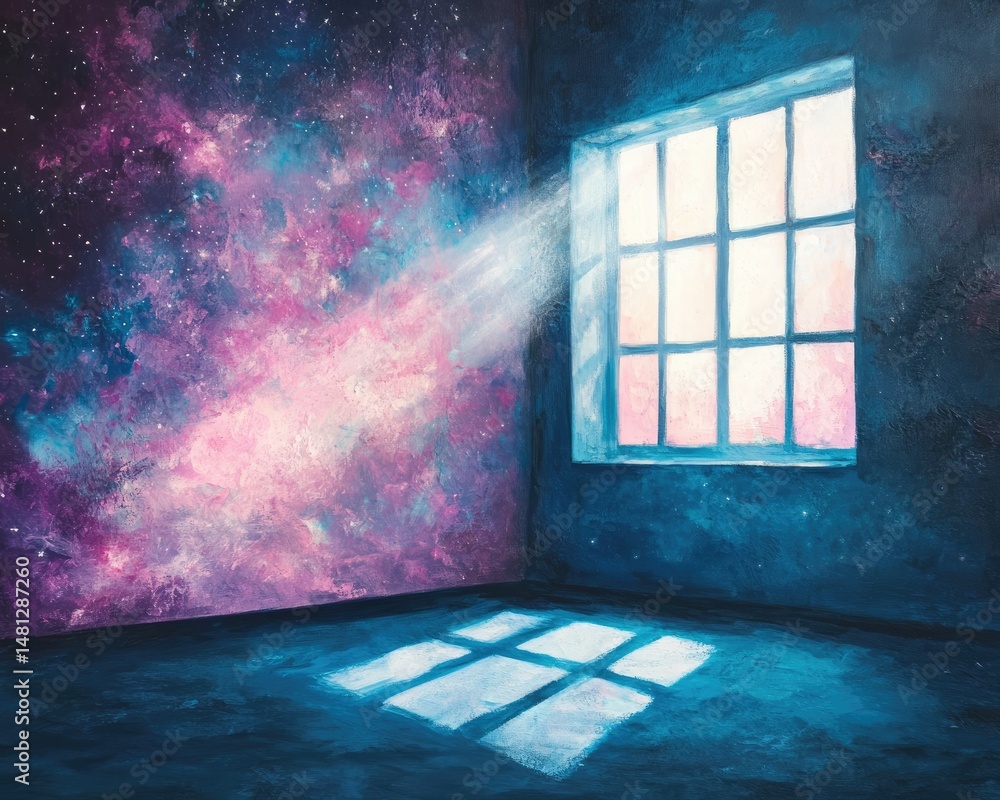 Poster a serene room with pastel-colored walls depicting clouds and a starry sky. illuminated by sunlight s