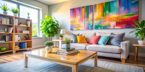A blurred living room with abstract shapes and colors