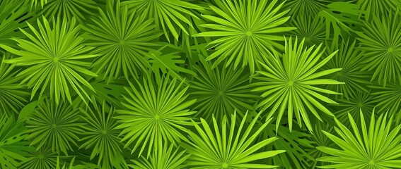 Obraz premium Hand-drawn, dark green seamless pattern with palm leaves. Vector illustration of a natural texture background. Bright, emerald green wallpaper for design, web banners, and print on fabric or paper.