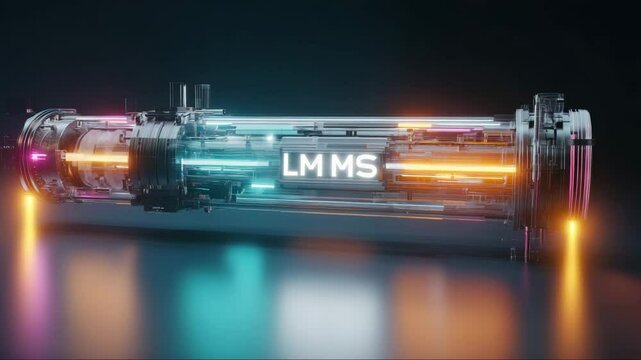 Rotating futuristic device labeled LMMS, visualizing large multimodal AI models and high-tech integration