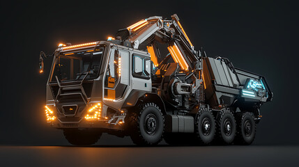 Fototapeta premium A futuristic truck with bright orange lights and a large crane on top