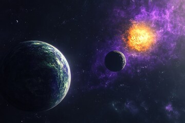 Obraz premium A breathtaking view of two planets in a vibrant cosmic landscape. illuminated by a distant sun. surrounded by swirling nebulae and sparkling stars. ideal for sci-fi themes