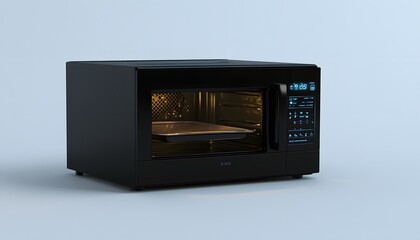 Obraz premium Modern black microwave oven with illuminated interior.