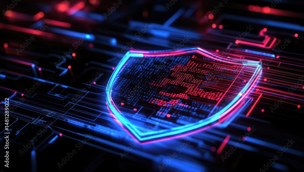Poster a vibrant digital shield symbolizing cybersecurity. set against a dynamic background of flowing data