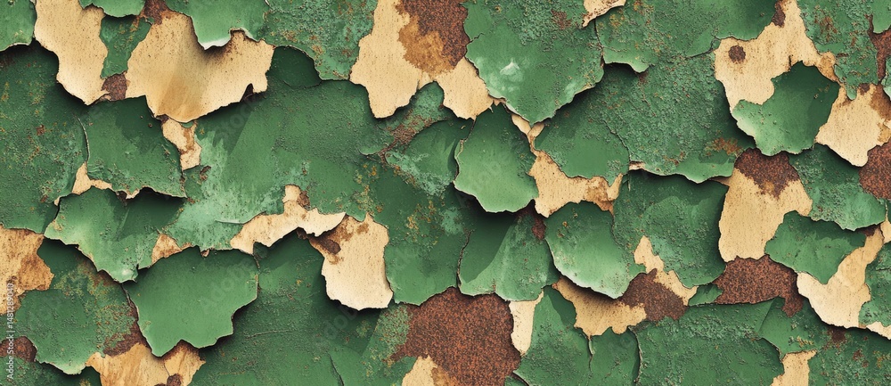Poster close-up of weathered green and beige paint peeling off a textured surface. showcasing layers of col
