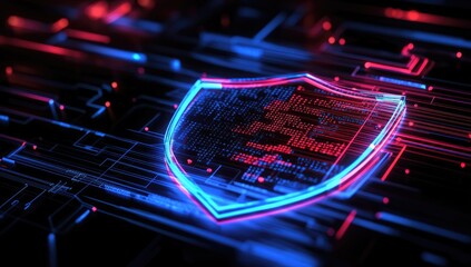 A vibrant digital shield symbolizing cybersecurity. set against a dynamic background of flowing data streams. representing protection in the digital age