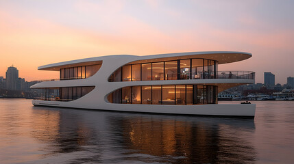 Futuristic floating home on calm water at sunset, featuring a sleek, modern design with large windows offering city skyline views