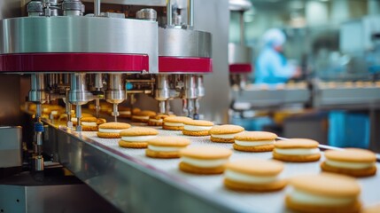Cookies move along a conveyor belt during automated food production with machinery and worker monitoring in the background for quality control