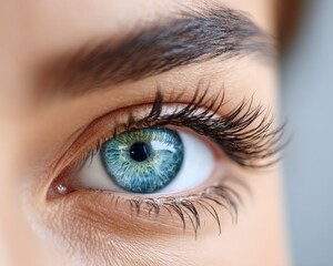 Obraz premium Close-up of a blue-green eye with long eyelashes, showing detailed iris texture and natural eyebrow.