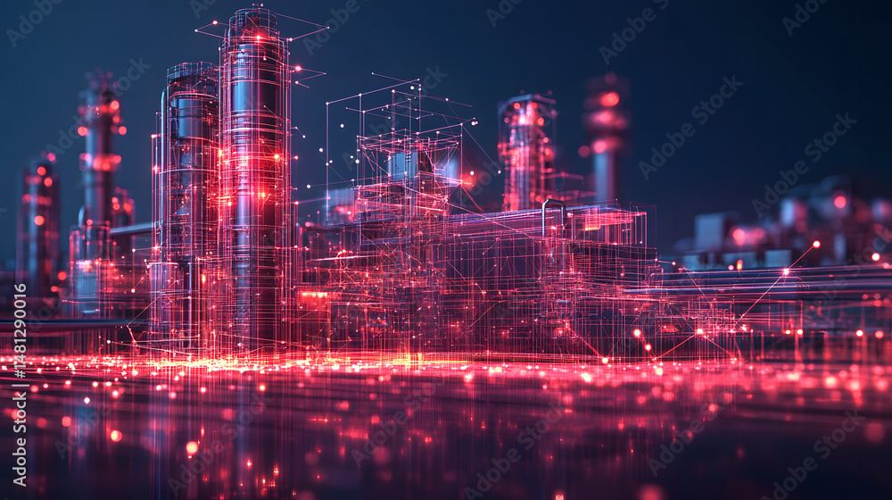 Poster futuristic industrial complex glowing with red light on reflective ground. a technologically advance