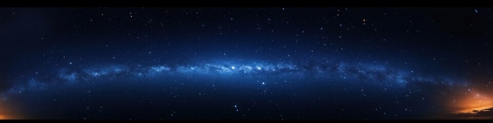Panoramic night sky filled with countless stars and a visible stretch of the Milky Way galaxy over a dark horizon with faint orange glow at edges