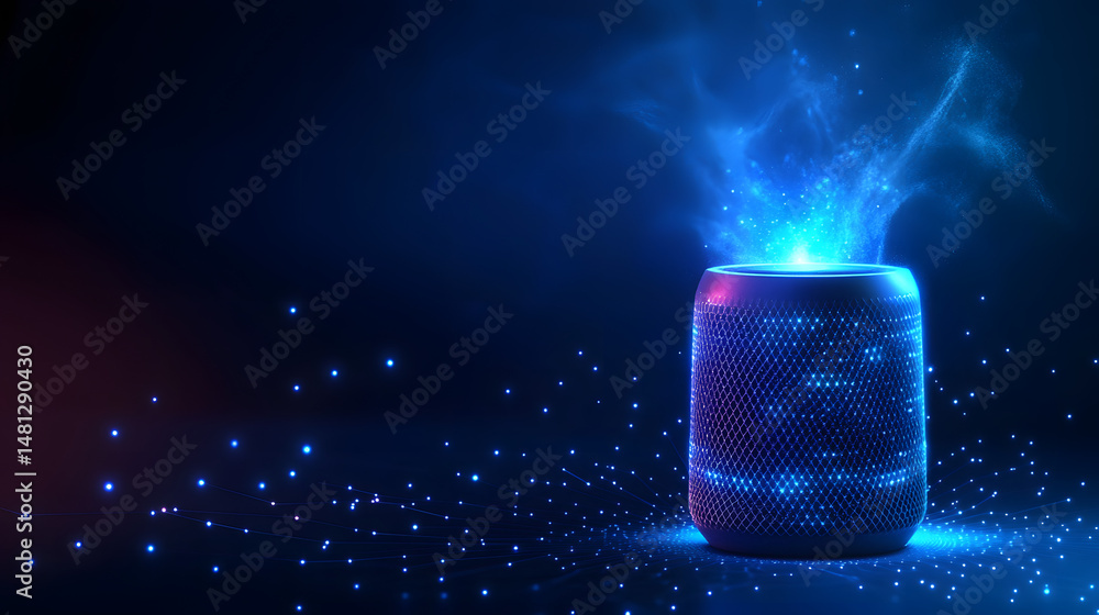 Poster sleek smart speaker emits radiant blue energy. connected network of light enhances its digital prese