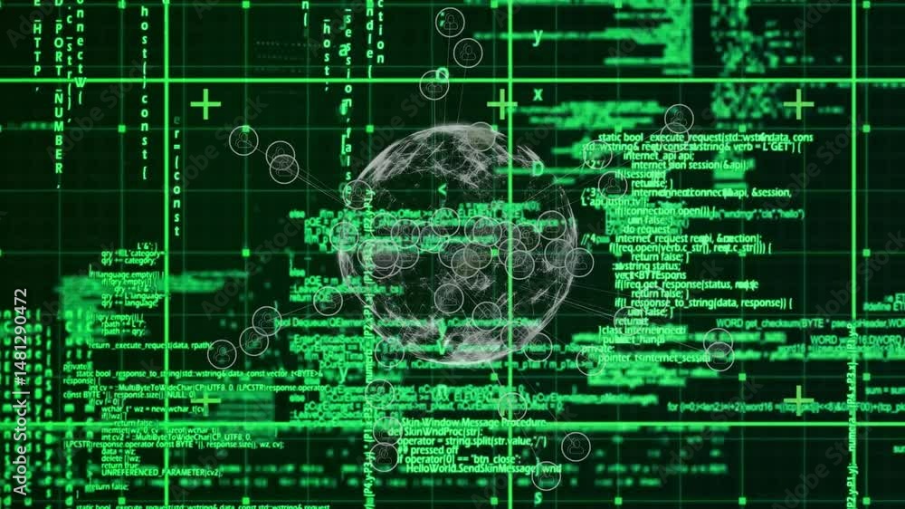 Aufkleber displaying wireframe globe centered featuring user-icon nodes connecting through neon grid overlay