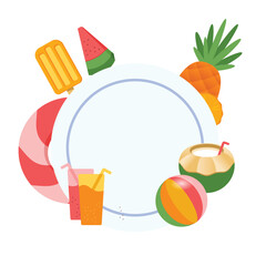White plate with watermelon pineapple orange coconut and a beach ball.