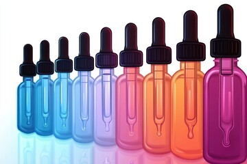 Row of colorful gradient dropper bottles in shades of blue, purple, pink, and orange with black droppers reflecting on a white surface