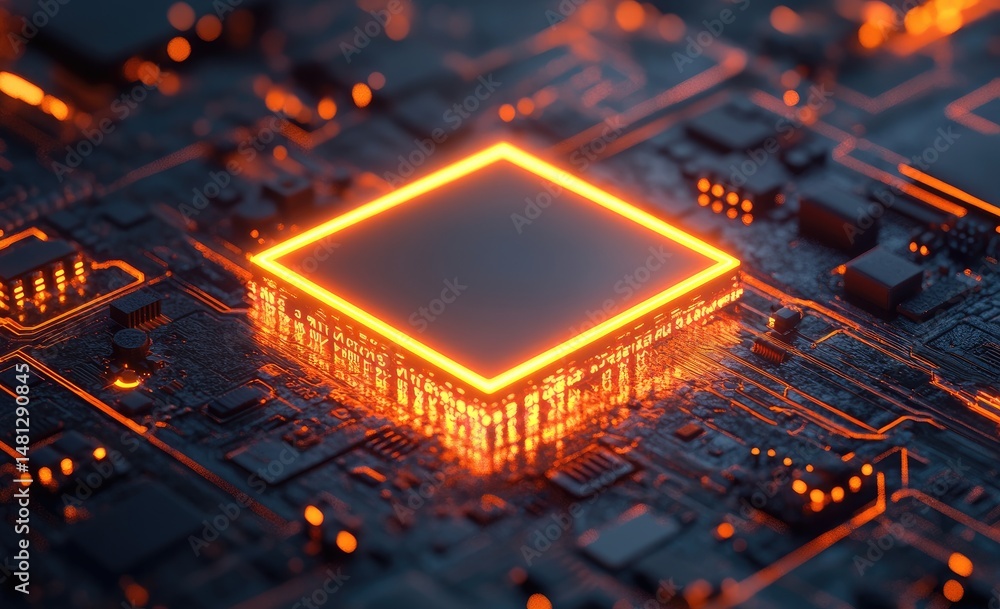 Poster a close-up view of a glowing microchip surrounded by intricate circuitry. showcasing a futuristic te