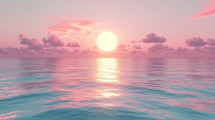 Fototapeta premium Sunset over serene ocean waters with pink-tinged clouds and sun reflecting