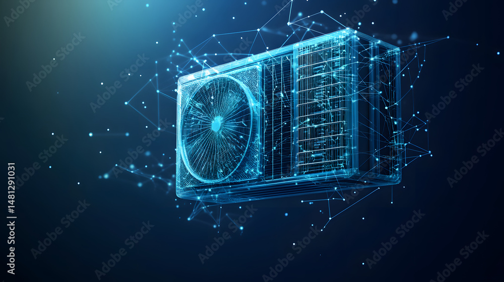 Poster futuristic air conditioner visualization showcasing internal components and network connectivity. id