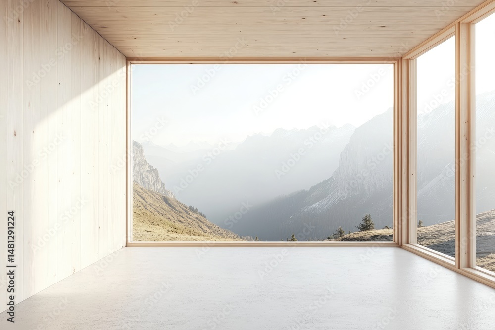 Poster a serene. minimalist interior with a large window showcasing a breathtaking mountain view. featuring