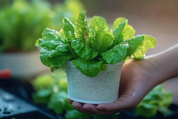 Fresh green lettuce plant in a white textured pot held gently in a hand with water droplets on leaves under soft natural light