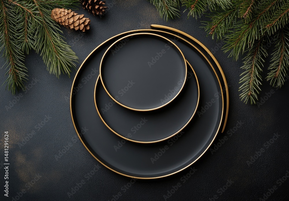 Poster a beautifully arranged set of black and yellow plates on a dark surface. surrounded by green pine br