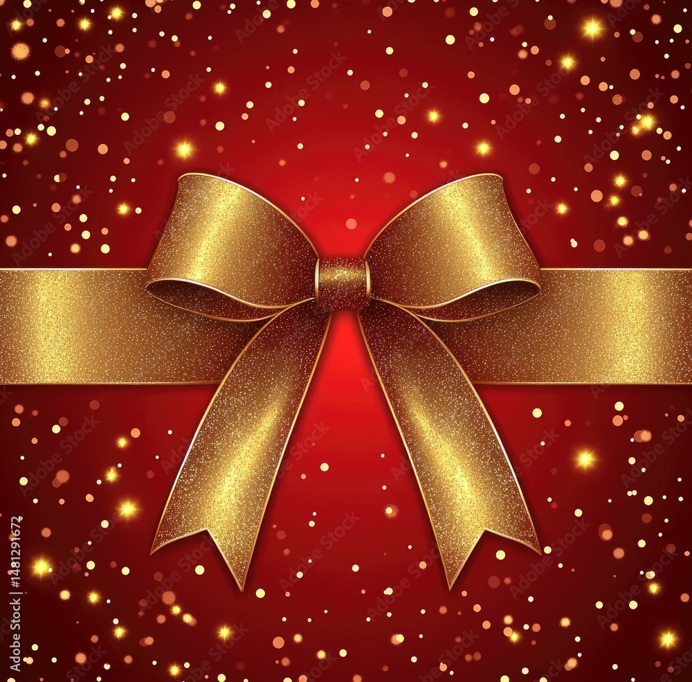 Poster a shimmering gold bow sits elegantly on a rich red background adorned with sparkling golden particle