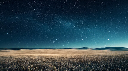 Starry Night Over Field: A vast, golden field under a celestial expanse of glittering stars, a breathtaking tapestry of nature's beauty. The Milky Way stretches across the night sky.